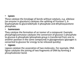 • Lyases
These catalyze the breakage of bonds without catalysis, e.g. aldolase
(an enzyme in glycolysis) catalyzes the splitting of fructose-1, 6-
bisphosphate to glyceraldehyde-3-phosphate and dihydroxyacetone
phosphate.
• Isomerases
They catalyze the formation of an isomer of a compound. Example:
phosphoglucomutase catalyzes the conversion of glucose-1-phosphate
to glucose-6-phosphate (phosphate group is transferred from one to
another position in the same compound) in glycogenolysis (glycogen is
converted to glucose for energy to be released quickly).
• Ligases
Ligases catalyze the association of two molecules. For example, DNA
ligase catalyzes the joining of two fragments of DNA by forming a
phosphodiester bond.
 