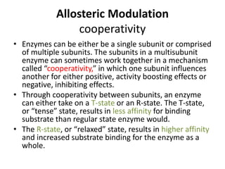 Allosteric Modulation
cooperativity
• Enzymes can be either be a single subunit or comprised
of multiple subunits. The subunits in a multisubunit
enzyme can sometimes work together in a mechanism
called “cooperativity,” in which one subunit influences
another for either positive, activity boosting effects or
negative, inhibiting effects.
• Through cooperativity between subunits, an enzyme
can either take on a T-state or an R-state. The T-state,
or “tense” state, results in less affinity for binding
substrate than regular state enzyme would.
• The R-state, or “relaxed” state, results in higher affinity
and increased substrate binding for the enzyme as a
whole.
 