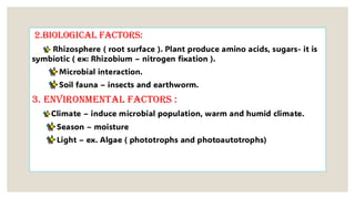 2.Biological factors:
Rhizosphere ( root surface ). Plant produce amino acids, sugars- it is
symbiotic ( ex: Rhizobium – nitrogen fixation ).
Microbial interaction.
Soil fauna – insects and earthworm.
3. Environmental factors :
Climate – induce microbial population, warm and humid climate.
Season – moisture
Light – ex. Algae ( phototrophs and photoautotrophs)
 
