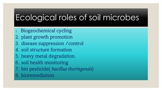 Ecological roles of soil microbes
1. Biogeochemical cycling
2. plant growth promotion
3. disease suppression /control
4. soil structure formation
5. heavy metal degradation.
6. soil health monitoring
7. bio pesticide( bacillus thuringensis)
8. bioremediation
 