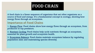 Food chain
A food chain is a linear sequence of organisms that eat other organisms as a
source of food and energy. It’s a fundamental concept in ecology, showing how
energy flows through an ecosystem.
Importance of Food Chains
1. Energy Flow: Food chains show how energy flows through an ecosystem, from
producers to top predators.
2. Nutrient Cycling: Food chains help cycle nutrients through an ecosystem,
essential for plant growth and ecosystem health.
3. Ecosystem Balance: Food chains maintain ecosystem balance by regulating
population sizes and maintaining species diversity.
 