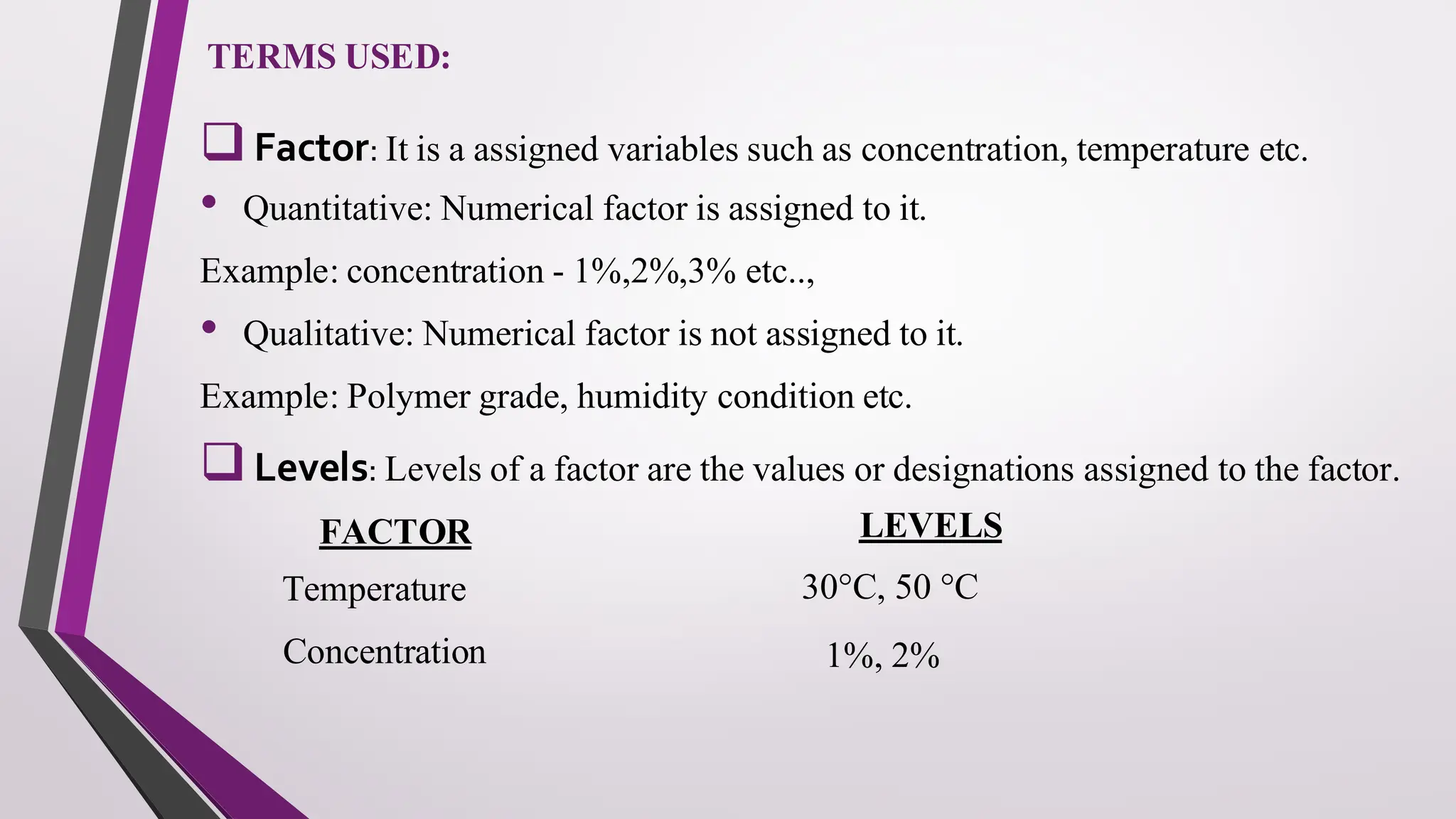 TERMS USED:
❑Factor: It is a assigned variables such as concentration, temperature etc.
• Quantitative: Numerical factor is assigned to it.
Example: concentration - 1%,2%,3% etc..,
• Qualitative: Numerical factor is not assigned to it.
Example: Polymer grade, humidity condition etc.
❑Levels: Levels of a factor are the values or designations assigned to the factor.
FACTOR
Temperature
Concentration
LEVELS
30°C, 50 °C
1%, 2%
 