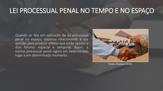 LEI PROCESSUAL PENAL NO TEMPO E NO ESPAÇO
Quando se fala em aplicação da lei processual
penal no espaço, estamos relacionando à sua
aptidão para produzir efeitos que estão ligados a
dois fatores: espacial e temporal. Assim, a
norma processual penal vigora em determinado
lugar e em determinado momento.
Fonte: Pixabay (2020).
 