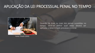 APLICAÇÃO DA LEI PROCESSUAL PENAL NO TEMPO
Quando há duas ou mais leis penais sucedidas no
tempo, deve-se definir qual delas deverá ser
aplicada a determinado processo criminal.
Fonte: Freepik (2020).
 