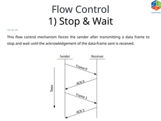 Flow Control
1) Stop & Wait
This flow control mechanism forces the sender after transmitting a data frame to
stop and wait until the acknowledgement of the data-frame sent is received.
 