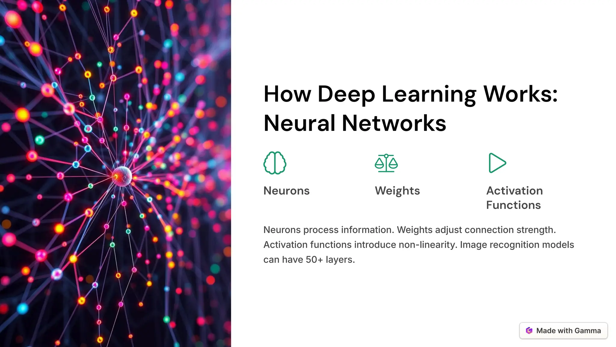 How Deep Learning Works:
Neural Networks
Neurons Weights Activation
Functions
Neurons process information. Weights adjust connection strength.
Activation functions introduce non-linearity. Image recognition models
can have 50+ layers.
 