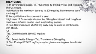 TREATMENT:-
1. In severe/acute cases, Inj. Frusemide 40-80 mg IV stat and repeated
after 2-3 hours.
Individualize the maximum dose up to 200 mg/day. Maintenance dose
is 40 mg IV
12 hourly till clinical improvement is seen.
High dose of Frusemide infusion, i.e. 10 mg/h undiluted and 1 mg/h as
continuous infusion can be used in refractory patient.
2. Tab. Spironolactone 25-200 mg daily may be used in combination
with above.
Or
Tab. Chlorothiazide 250-500 mg/day.
Or
Tab. Benzthiazide 25 mg + Tab. Triamterene 50 mg/day.
3. Tab. Enalapril 2.5-20 mg/day may be given as a single or two divided
doses.
 