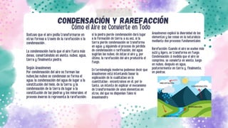Cómo el Aire se Convierte en Todo
CONDENSACIÓN Y RAREFACCIÓN
Sostuvo que el aire podía transformarse en
otras formas a través de la rarefacción o la
condensación .
La condensación haría que el aire fuera más
denso, convirtiéndolo en viento, nubes, agua,
tierra y finalmente piedra.
Según Anaximenes
Por condensación del aire se forman las
nubes,las nubes se condensan se forma el
agua; la condensación del agua de lugar a la
constitución del hielo, de la tierra; y la
condensación de la tierra da lugar a la
constitución de las piedras y los minerales; el
proceso inverso lo representa la rarefacción:
Anaxímenes explicó la diversidad de los
elementos y las cosas en la naturaleza
mediante dos procesos fundamentales:
Rarefacción: Cuando el aire se vuelve más
sutil y ligero, se transforma en fuego.
Condensación: A medida que el aire se
comprime, se convierte en viento, luego
en nubes, después en agua,
posteriormente en tierra y, finalmente,
en piedras.
si la piedra pierde condensación dará lugar
a la formación de tierra; a su vez, si la
tierra pierde condensación se transforma
en agua; y siguiendo el proceso de pérdida
de condensación o rarificación, del agua
sugirían las nubes, de éstas el aire y, por
último, la rarefacción del aire produciría el
fuego.
En terminología moderna podemos decir que
Anaxímenes está intentando basar la
explicación de lo cualitativo en lo
cuantitativo ; encontramos en él, por lo
tanto, un intento de explicar el mecanismo
de transformación de unos elementos en
otros, del que no disponían Tales ni
Anaximandro
 