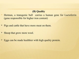 (B) Quality
 Herman, a transgenic bull carries a human gene for Lactoferrin
(gene responsible for higher iron content)
 Pigs and cattle that have more meat on them.
 Sheep that grow more wool.
 Eggs can be made healthier with high quality protein.
 