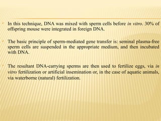 In this technique, DNA was mixed with sperm cells before in vitro. 30% of
offspring mouse were integrated in foreign DNA.
 The basic principle of sperm-mediated gene transfer is: seminal plasma-free
sperm cells are suspended in the appropriate medium, and then incubated
with DNA.
 The resultant DNA-carrying sperms are then used to fertilize eggs, via in
vitro fertilization or artificial insemination or, in the case of aquatic animals,
via waterborne (natural) fertilization.
 