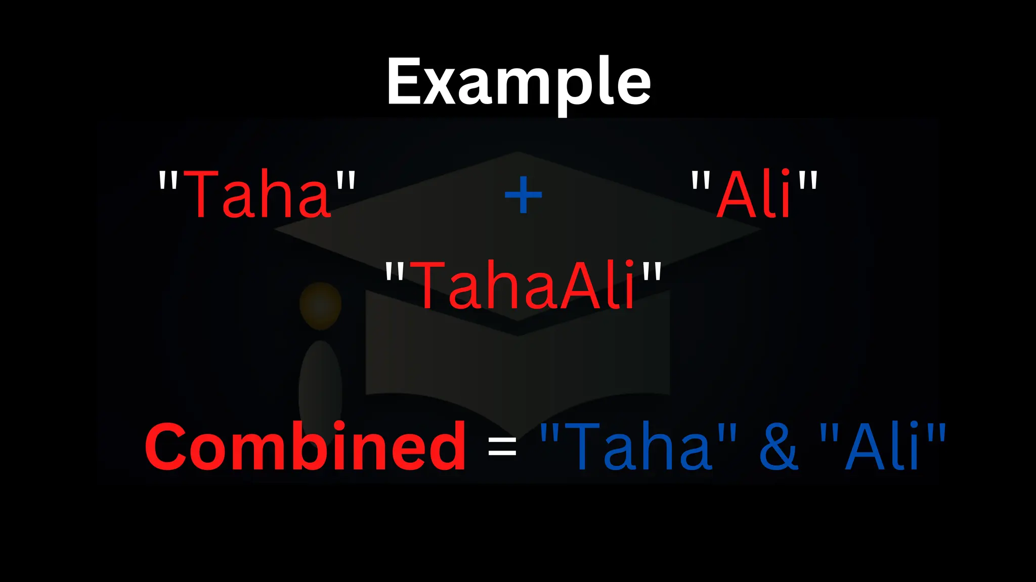 Example
"Taha" "Ali"
+
"TahaAli"
Combined = "Taha" & "Ali"
 