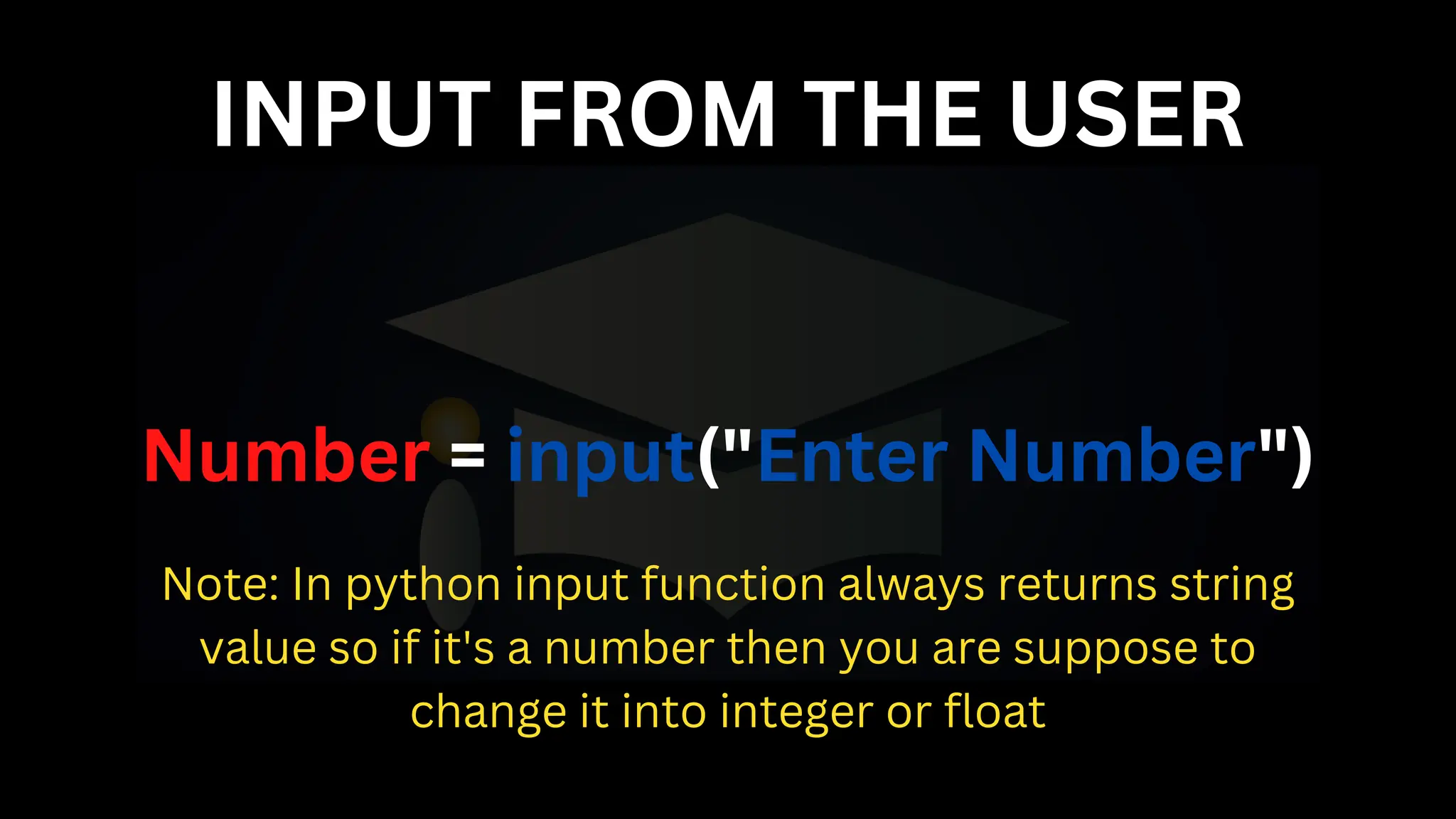 INPUT FROM THE USER
Number = input("Enter Number")
Note: In python input function always returns string
value so if it's a number then you are suppose to
change it into integer or float
 
