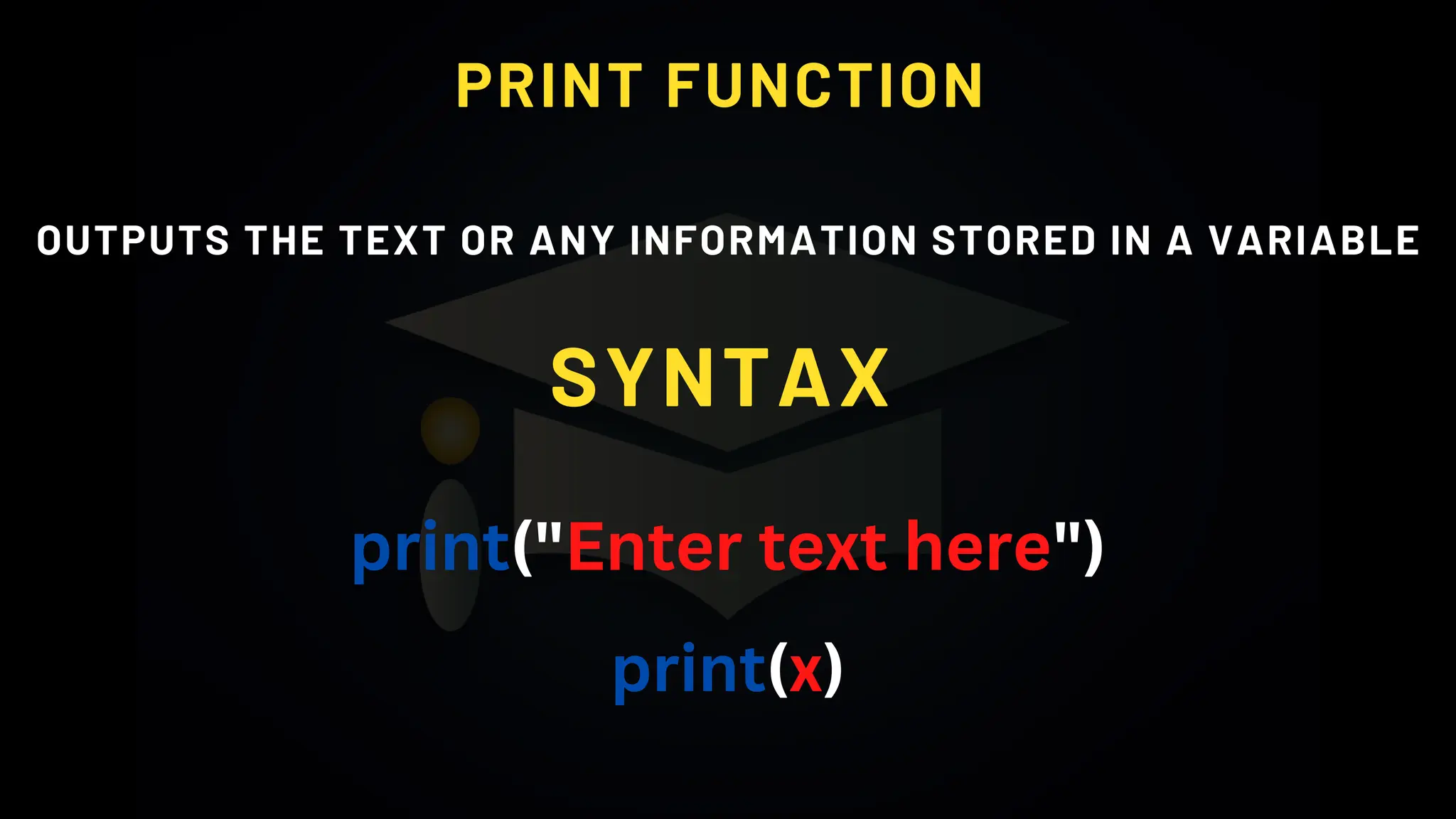 PRINT FUNCTION
OUTPUTS THE TEXT OR ANY INFORMATION STORED IN A VARIABLE
SYNTAX
print("Enter text here")
print(x)
 
