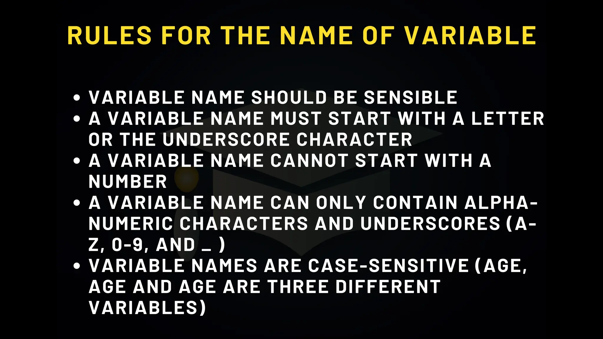 RULES FOR THE NAME OF VARIABLE
VARIABLE NAME SHOULD BE SENSIBLE
A VARIABLE NAME MUST START WITH A LETTER
OR THE UNDERSCORE CHARACTER
A VARIABLE NAME CANNOT START WITH A
NUMBER
A VARIABLE NAME CAN ONLY CONTAIN ALPHA-
NUMERIC CHARACTERS AND UNDERSCORES (A-
Z, 0-9, AND _ )
VARIABLE NAMES ARE CASE-SENSITIVE (AGE,
AGE AND AGE ARE THREE DIFFERENT
VARIABLES)
 