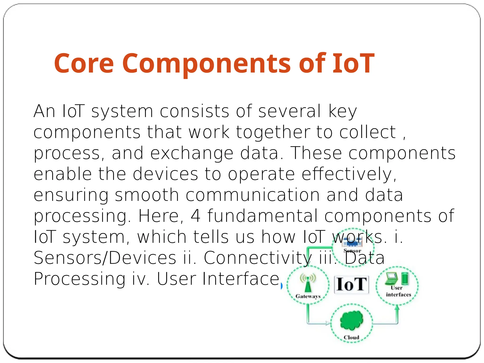 An IoT system consists of several key
components that work together to collect ,
process, and exchange data. These components
enable the devices to operate effectively,
ensuring smooth communication and data
processing. Here, 4 fundamental components of
IoT system, which tells us how IoT works. i.
Sensors/Devices ii. Connectivity iii. Data
Processing iv. User Interface
Core Components of IoT
 