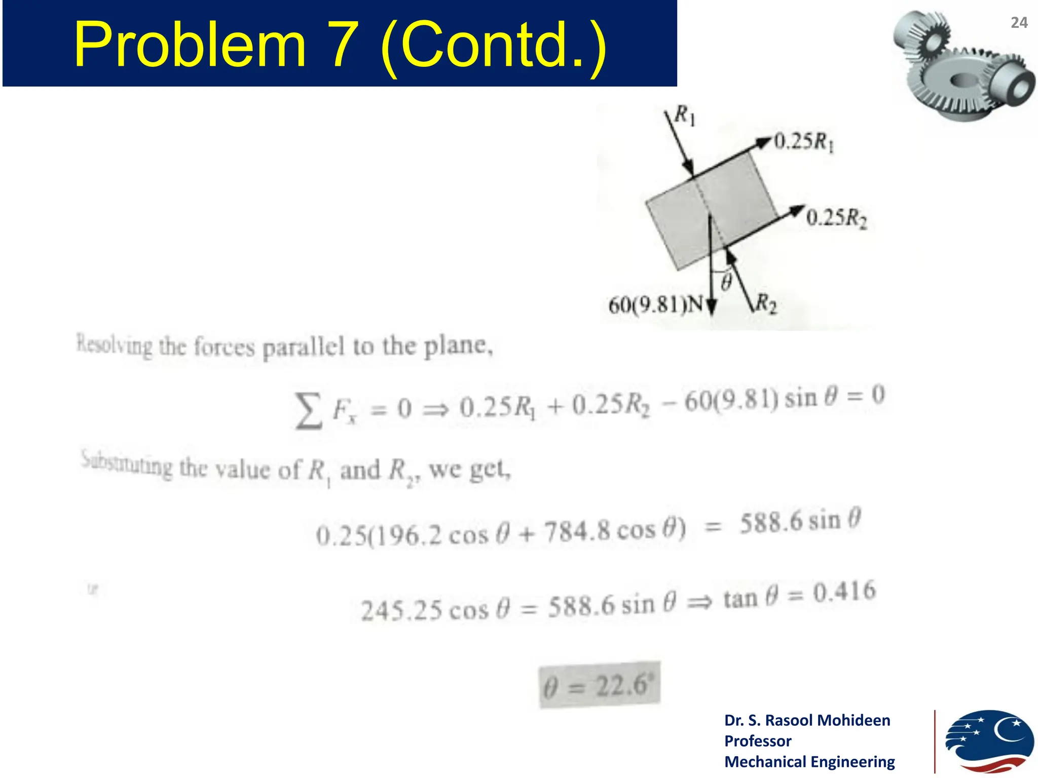 Dr. S. Rasool Mohideen
Professor
Mechanical Engineering
Problem 7 (Contd.)
24
 