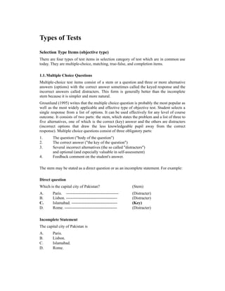 Eductional assessment course: Types of test | PDF