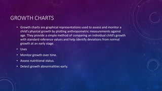 GROWTH CHARTS
• Growth charts are graphical representations used to assess and monitor a
child’s physical growth by plotting anthropometric measurements against
age. They provide a simple method of comparing an individual child’s growth
with standard reference values and help identify deviations from normal
growth at an early stage.
• Uses
• Monitor growth over time.
• Assess nutritional status.
• Detect growth abnormalities early.
 
