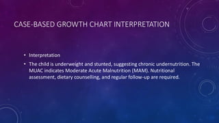 CASE-BASED GROWTH CHART INTERPRETATION
• Interpretation
• The child is underweight and stunted, suggesting chronic undernutrition. The
MUAC indicates Moderate Acute Malnutrition (MAM). Nutritional
assessment, dietary counselling, and regular follow-up are required.
 