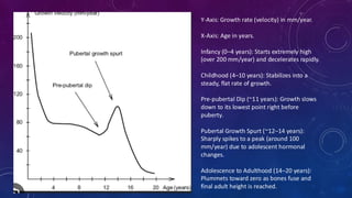 Y-Axis: Growth rate (velocity) in mm/year.
X-Axis: Age in years.
Infancy (0–4 years): Starts extremely high
(over 200 mm/year) and decelerates rapidly.
Childhood (4–10 years): Stabilizes into a
steady, flat rate of growth.
Pre-pubertal Dip (~11 years): Growth slows
down to its lowest point right before
puberty.
Pubertal Growth Spurt (~12–14 years):
Sharply spikes to a peak (around 100
mm/year) due to adolescent hormonal
changes.
Adolescence to Adulthood (14–20 years):
Plummets toward zero as bones fuse and
final adult height is reached.
 