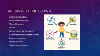 FACTORS AFFECTING GROWTH
3. Hormonal Factors
Growth Hormone (GH)
Thyroid hormone
Insulin
Sex hormones during puberty
4. Environmental & Health Factors
Recurrent infections
Chronic diseases
Socioeconomic status
 