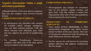 Negative interactions within a single
microbial population:
Although members of the same species cooperate,
they may also compete when resources become
limited.
COMPETITION FOR NUTRIENTS
• In nutrient-poor soil, microbial cells compete
for available carbon, nitrogen, phosphorus,
iron, and other essential nutrients. Cells that
obtain nutrients more efficiently grow faster
and may suppress the growth of neighbouring
cells.
• For example, Pseudomonas fluorescens
competes with other cells of the same species
for root exudates in the rhizosphere.
COMPETITION FOR SPACE
• Microorganisms also compete for attachment
sites on soil particles, organic residues, and
plant roots. Cells that colonize a surface first
often prevent other cells of the same population
from occupying the same location.
PRODUCTION OF INHIBITORY
SUBSTANCES
• Some strains produce bacteriocins or other
antimicrobial compounds that inhibit closely
related members of the same species. This type
of intraspecific antagonism helps the producing
strain obtain more nutrients and space.
• Bacillus species are well known for producing
peptide antibiotics that suppress neighbouring
Bacillus strains
 