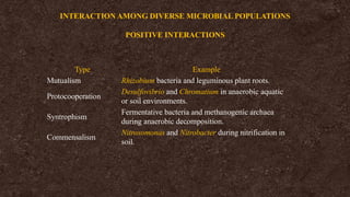 Type Example
Mutualism Rhizobium bacteria and leguminous plant roots.
Protocooperation
Desulfovibrio and Chromatium in anaerobic aquatic
or soil environments.
Syntrophism
Fermentative bacteria and methanogenic archaea
during anaerobic decomposition.
Commensalism
Nitrosomonas and Nitrobacter during nitrification in
soil.
INTERACTION AMONG DIVERSE MICROBIAL POPULATIONS
POSITIVE INTERACTIONS
 