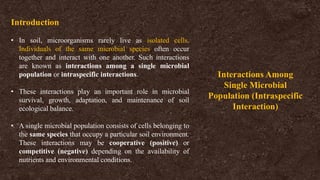 Introduction
• In soil, microorganisms rarely live as isolated cells.
Individuals of the same microbial species often occur
together and interact with one another. Such interactions
are known as interactions among a single microbial
population or intraspecific interactions.
• These interactions play an important role in microbial
survival, growth, adaptation, and maintenance of soil
ecological balance.
• A single microbial population consists of cells belonging to
the same species that occupy a particular soil environment.
These interactions may be cooperative (positive) or
competitive (negative) depending on the availability of
nutrients and environmental conditions.
Interactions Among
Single Microbial
Population (Intraspecific
Interaction)
 