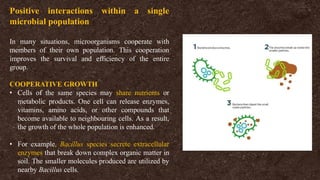 Positive interactions within a single
microbial population
In many situations, microorganisms cooperate with
members of their own population. This cooperation
improves the survival and efficiency of the entire
group.
COOPERATIVE GROWTH
• Cells of the same species may share nutrients or
metabolic products. One cell can release enzymes,
vitamins, amino acids, or other compounds that
become available to neighbouring cells. As a result,
the growth of the whole population is enhanced.
• For example, Bacillus species secrete extracellular
enzymes that break down complex organic matter in
soil. The smaller molecules produced are utilized by
nearby Bacillus cells.
 