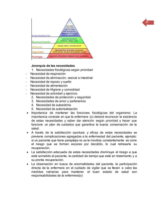 29
Jerarquía de las necesidades
1. Necesidades fisiológicas según prioridad
- Necesidad de respiración
- Necesidad de eliminación; vesical e intestinal
- Necesidad de reposo y sueño
- Necesidad de alimentación
- Necesidad de Higiene y comodidad
- Necesidad de actividad y ejercicio
2. Necesidades de protección y seguridad
3. Necesidades de amor y pertenencia
4. Necesidad de autoestima
5. Necesidad de autorrealización
 Importancia de mantener las funciones fisiológicas del organismo: La
importancia consiste en que la enfermera (o) deberá reconocer la existencia
de estas necesidades y saber dar atención según prioridad y hacer que
funcione un plan de cuidados que garantice la buena conservación de la
salud.
 A través de la satisfacción oportuna y eficaz de estas necesidades se
previene complicaciones agregadas a la enfermedad del paciente, ejemplo:
si un paciente que tiene paraplejia no se le moviliza constantemente se corre
el riesgo que se formen escaras por decúbito, lo cual retrasaría su
recuperación.
 La satisfacción adecuada de estas necesidades disminuye el riesgo a que
está sometido el paciente, la cantidad de tiempo que esté en tratamiento y a
su pronta recuperación.
 La observación en busca de anormalidades del paciente, la participación
directa de la enfermera en el cuidado de vigilar que se lleven a cabo las
medidas rutinarias para mantener el buen estado de salud son
responsabilidades de la enfermera(o)
 
