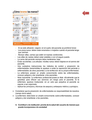31
- Si se está utilizando oxígeno en el cuarto del paciente se prohibirá fumar.
- Los pisos nunca deben estar encerados o mojados cuando el paciente tenga
que caminar.
- Revisar sillas, camas que estén en buenas condiciones.
- Las sillas de ruedas deben estar estables o con el seguro puesto.
- La cama del paciente siempre debe mantenerse baja.
- Evitar accidentes. Los artículos móviles nunca deben dejarse en el camino del
paciente.
- Una cuidadora instrucciones los métodos de control y prevención de
enfermedades transmisibles le ayudara a evitar la exposición del paciente a
enfermedades de otros pacientes o a la reinfección de su propia enfermedad.
- La enfermera poseer un amplio conocimiento sobre las enfermedades,
conocer peligros y dar enseñanza a los pacientes.
- Nota importante: La enfermera profesional posee un título oficialmente que la
garantiza para ofrecer sus servicios sin riesgo para el paciente. Si la
enfermera aparece involucrada en un acto que perjudica al paciente se
expone a ser enjuiciada.
- Aplicar los principios y técnicas de asepsia y antisepsia médico y quirúrgico.
 Considerar que la prevención de enfermedades es responsabilidad de nosotros
(campo de la salud).
 La enfermera debe tener un amplio conocimiento sobre enfermedades, conocer
peligros y dar enseñanza a los pacientes.
4. Contribuir a la restitución pronta de la salud del usuario de manera que
pueda incorporarse a la sociedad
 
