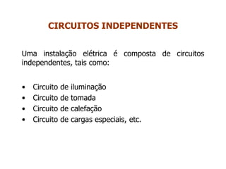 Uma instalação elétrica é composta de circuitos
independentes, tais como:
• Circuito de iluminação
• Circuito de tomada
• Circuito de calefação
• Circuito de cargas especiais, etc.
CIRCUITOS INDEPENDENTES
 