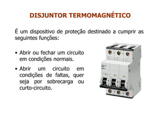 • Abrir ou fechar um circuito
em condições normais.
• Abrir um circuito em
condições de faltas, quer
seja por sobrecarga ou
curto-circuito.
DISJUNTOR TERMOMAGNÉTICO
É um dispositivo de proteção destinado a cumprir as
seguintes funções:
 