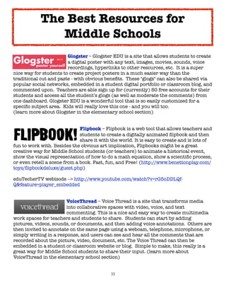 32
Glogster – Glogster EDU is a site that allows students to create
a digital poster with any text, images, movies, sounds, voice
recordings, hyperlinks to other resources, etc. It is a super
nice way for students to create project posters in a much easier way than the
traditional cut and paste - with obvious benefits. These "glogs" can also be shared via
popular social networks, embedded in a student digital portfolio or classroom blog, and
commented upon. Teachers are able sign up for (currently) 50 free accounts for their
students and access all the student’s glogs (as well as moderate the comments) from
one dashboard. Glogster EDU is a wonderful tool that is so easily customized for a
specific subject area. Kids will really love this one - and you will too.
(learn more about Glogster in the elementary school section)
Flipbook – Flipbook is a web tool that allows teachers and
students to create a digitally animated flipbook and then
share it with the world. It is easy to create and is lots of
fun to work with. Besides the obvious art implication, Flipbooks might be a great
creative way for Middle School students (or teachers) to animate a historical event,
show the visual representation of how to do a math equation, show a scientific process,
or even retell a scene from a book. Fast, fun, and Free! (http://www.benettonplay.com/
toys/flipbookdeluxe/guest.php)
eduTecherTV webisode --> http://www.youtube.com/watch?v=rG5oDDLQf-
Q&feature=player_embedded
VoiceThread – Voice Thread is a site that transforms media
into collaborative spaces with video, voice, and text
commenting. This is a nice and easy way to create multimedia
work spaces for teachers and students to share. Students can start by adding
pictures, videos, sounds, or documents, and then adding voice annotations. Others are
then invited to annotate on the same page using a webcam, telephone, microphone, or
simply writing in a response, and users can see and hear all the comments that are
recorded about the picture, video, document, etc. The Voice Thread can then be
embedded in a student or classroom website or blog. Simple to make, this really is a
great way for Middle School students to share their input. (learn more about
VoiceThread in the elementary school section)
The Best Resources for
Middle Schools
 