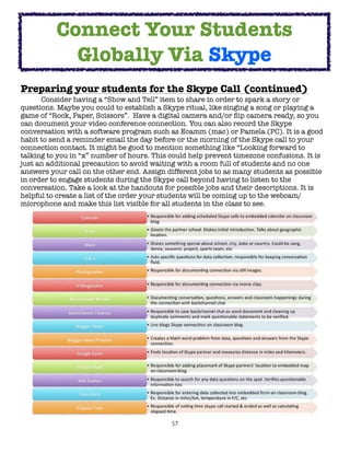 57
Preparing your students for the Skype Call (continued)
Consider having a “Show and Tell” item to share in order to spark a story or
questions. Maybe you could to establish a Skype ritual, like singing a song or playing a
game of “Rock, Paper, Scissors”. Have a digital camera and/or flip camera ready, so you
can document your video conference connection. You can also record the Skype
conversation with a software program such as Ecamm (mac) or Pamela (PC). It is a good
habit to send a reminder email the day before or the morning of the Skype call to your
connection contact. It might be good to mention something like “Looking forward to
talking to you in “x” number of hours. This could help prevent timezone confusions. It is
just an additional precaution to avoid waiting with a room full of students and no one
answers your call on the other end. Assign different jobs to as many students as possible
in order to engage students during the Skype call beyond having to listen to the
conversation. Take a look at the handouts for possible jobs and their descriptions. It is
helpful to create a list of the order your students will be coming up to the webcam/
microphone and make this list visible for all students in the class to see.
Connect Your Students
Globally Via Skype
 