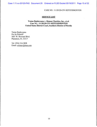 Case 1:11-cv-20120-PAS Document 29            Entered on FLSD Docket 05/19/2011 Page 10 of 22


                                              CASE NO.: 11-20120-CIV-SEITZ/SIMONTON



                                           SERVICE LIST


                          Traian Bujduveanu v. Dismas Charities, Inc., et al.
                            Case No..: 11-20120-CIV-SEITZ/SIMONTON
                      United States District Court, Southern District of Florida


   Traian Bujduveanu
   Pro Se Plaintiff
   5601 W. Broward Blvd.
   Plantation, FL 33317

   Tel: (954) 316-3828
   Email: orionav@msn.com




                                                  10
 