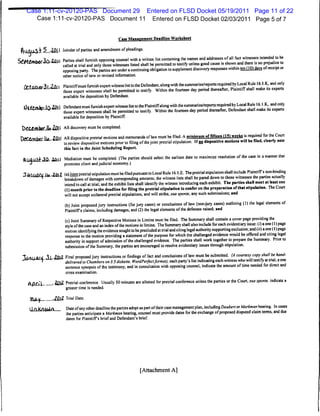 Case 1:11-cv-20120-PAS Document 29                                      Entered on FLSD Docket 05/19/2011 Page 11 of 22
          Case 1:11-cv-20120-PAS Document 11                                   Entered on FLSD Docket 02/03/2011 Page 5 of 7

                                                           Case Management Deadline Worksheet

 ft tJ.AU.5-V 5 .2QII Joinder of parties and amendment of pleadings.
S/»0+Anh^3a2£JI wiied ^ tr.a| furnish opposing counsel with awritten list containing the names and addresses of ail fact witnessesno prejudice be
OCPVaXMC JU^i Parties shall ^ Qn)y ^ w.messes ljsted shaU ^ permjtted tQ testjfy ^^ good cause IS shown ^ ^g 1S intended to to
                         opposing party. The parties are under acontinuing obligation to supplement discovery responses within ten (10) days ofreceipt or
                         other notice of new or revised information.

   UUUVUC^i-^mi AMe ^^ w.inesses sha||witness listto the testjfy wjthin ^ fourteen day perjod thereat, Piaint.ff shall make .tsand only
   /VtfthA-31 20ll Plaintiffmust furnish expert be permiued tQ Defendant, alongwith the summaries/reports required by Local Rule 16 l.K, experts
                         available for deposition by Defendant.

   W(USZaflfr_M>A*ii ^ ^^ w^cnes ^ ^witness list to the Plaintiffalong^with the summaries/reports required by Local shall 16. l.K.itsand only
   l)tfr/*W if20li Defendantmust furnish expert ^.^ ^ ^.^ wjthin ^^ dfly perjod Pearler, Defendan, Rule make experts
                          available for deposition by Plaintiff.

  X)ce.embcr llo,ZULi A" discovery must be completed.
 Tw^l,- [u 2QJI All dispositive pretrial motions and memoranda oflaw must be filed. Aminimum of fifteen (15) weeks is required for the Court
 VCLCOOOec JJA, fc*J. ^^            dispositive motions prior to filing ofthe joint pretrial stipulation. If no dispositive motions will be filed, clearly note
                          this fact in the Joint Scheduling Report.

   A04jQLS±J& ^1 Mediation must be completed. (The parties should select the earliest date to maximize resolution of the case in amanner that
                          promotes client and judicial economy.)
  Jan ii/im 1U 20l2 (a) Joint pretrial stipulation must be filed pursuantto Local Rule 16.1 ,E. The pretrial stipulation shall include Plaintiffs non-b.nding
   ^^               breakdown ofdamages with corresponding amounts; the witness lists shall be pared down to those witnesses the parties actually
                          intend to call at trial; and the exhibit lists shall identify the witness introducing each exhibit. The parties shall meet at least one
                          (1) month prior to the deadline for filing the pretrial stipulation to confer on the preparation ofthat stipulation. The Court
                          will not accept unilateral pretrial stipulations, and will strike, sua sponte, any such submissions; and
                          (b) Joint proposed jury instructions (for jury cases) or conclusions of law (non-jury cases) outlining (1) the legal elements of
                          Plaintiffs claims, including damages, and (2) the legal elements of the defenses raised; and
                          (c) Joint Summary ofRespective Motions in Limine must be filed. The Summary shall contain acover page providing the
                          style ofthe case and an index ofthe motions in limine. The Summary shall also include for each evidentiary issue: (0 aone (1) page
                          motion identifying the evidence sought to be precluded at trial and citing legal authority supporting exclusion; and (//) aone (I) page
                          response to the motion providing astatement ofthe purpose for which the challenged evidence would be offered and citing legal
                          authority in support ofadmission ofthe challenged evidence. The parties shall work together to prepare the Summary. Prior to
                           submission ofthe Summary, the parties are encouraged to resolve evidentiary issues through stipulation.
  tiALIAUL li 2MI Final proposed jury instructions or findings of fact and conclusions of law must be submitted. (A courtesy copy shall be hand-
  JU -u-") "+              delivered l0 Chambers on 3.5 diskette, WordPerfectformat), each party's list indicating each witness who will testify at trial, aone
                           sentence synopsis of the testimony, and in consultation with opposing counsel, indicate the amount oftime needed for direct and
                           cross examination.

     finrl        ,iHil Pretrial conference. Usually 50 minutes are allotted for pretrial conference unless the parties or the Court, sua sponte. indicate a
                           greater time is needed.

      <WL^         >MZ Trial Date.
      llnk/UulA            Date ofany other deadline the parties adopt as part oftheir case management plan, including Daubert or Markman hearing. In cases
                           the parties anticipate aMarkman hearing, counsel must provide dates for the exchange ofproposed disputed claim terms, and due
                           dates for Plaintiffs brief and Defendant's brief.




                                                                        [Attachment A]
 