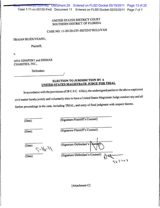 Case 1:11-cv-20120-PAS Document 29                Entered on FLSD Docket 05/19/2011 Page 13 of 22
     Case 1:11-cv-20120-PAS Document 11             Entered on FLSD Docket 02/03/2011 Page 7 of 7


                                UNITED STATES DISTRICT COURT
                                SOUTHERN DISTRICT OF FLORIDA
                             CASE NO. 11-20120-CIV-SEITZ/O'SULLIVAN

TRAIANBUJDUVEANU,

              Plaintiff,

v.



ANA GINSPERT and DISMAS
CHARITIES, INC.,

                Defendant.


                               ELECTION TO JURISDICTION BY A
                       tttmitfxi STATES MAGISTRATE JUDGE FOR TRIAL
         Inaccordance withthe provisionsof28 U.S.C. 636(c),the undersignedpartiesto the above-captioned
 civil matter herebyjointly and voluntarily elect to have aUnited States Magistrate Judge conduct any and all
 further proceedings in the case, including TRIAL, and entry offinal judgment with respect thereto.

         (5^)                          (Signature-Plaintiffs Counsel)

         (5^)                          (Signature-Plaintiffs Counsel)


         (Date)                        (Signature-Defendant's
                                                                      t>
         (5^)                           (Signature-Defendant's Counsel) iVs^-
                                                                                   <*^*^




                                                [Attachment C]
 