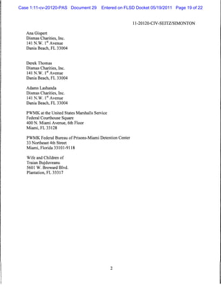 Case 1:11-cv-20120-PAS Document 29         Entered on FLSD Docket 05/19/2011 Page 19 of 22


                                                           11-20120-CIV-SEITZ/SIMONTON


   Ana Gispert
   Dismas Charities, Inc.
   141 N.W. 1stAvenue
   Dania Beach, FL 33004



   Derek Thomas
   Dismas Charities, Inc.
   141 N.W. 1st Avenue
   Dania Beach, FL 33004

   Adams Lashanda
   Dismas Charities, Inc.
   141 N.W. 1st Avenue
   Dania Beach, FL 33004

   PWMK at the United States Marshalls Service
   Federal Courthouse Square
   400 N. Miami Avenue, 6th Floor
   Miami, FL 33128

   PWMK Federal Bureau of Prisons-Miami Detention Center
   33 Northeast 4th Street
   Miami, Florida 33101-9118

   Wife and Children of
   Traian Bujduveanu
   5601 W. Broward Blvd.
   Plantation, FL 33317
 