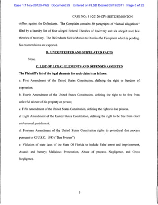 Case 1:11-cv-20120-PAS Document 29               Entered on FLSD Docket 05/19/2011 Page 5 of 22


                                                 CASE NO.: 11-20120-CIV-SEITZ/SIMONTON

   dollars against the Defendants. The Complaint contains 50 paragraphs of "factual allegations"

   filed by a laundry list of four alleged Federal Theories of Recovery and six alleged state law

   theories of recovery. The Defendants filed a Motionto Dismiss the Complaint which is pending.

   No counterclaims are expected.

                         B. UNCONTESTED AND STIPULATED FACTS

          None.


                  C. LIST OF LEGAL ELEMENTS AND DEFENSES ASSERTED


   The Plaintiffs list of the legal elements for each claim is as follows:

   a. First Amendment of the United States Constitution, defining the right to freedom of

   expression;

   b. Fourth Amendment of the United States Constitution, defining the right to be free from

   unlawful seizure of his property or person;

   c. Fifth Amendment of the United States Constitution, defining the rights to due process.

   d. Eight Amendment of the United States Constitution, defining the right to be free from cruel

   and unusual punishment.

   d. Fourteen Amendment of the United States Constitution rights to procedural due process

   pursuant to 42 U.S.C. 1983 ("Due Process")

   e. Violation of state laws of the State Of Florida to include False arrest and imprisonment,

   Assault and battery; Malicious Prosecution, Abuse of process, Negligence, and Gross

   Negligence.
 