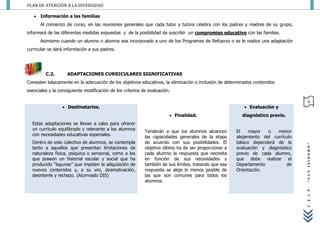 PLAN DE ATENCIÓN A LA DIVERSIDAD

    Información a las familias
      Al comienzo de curso, en las reuniones generales que cada tutor y tutora celebra con los padres y madres de su grupo,
informará de las diferentes medidas expuestas y de la posibilidad de suscribir un compromiso educativo con las familias.
      Asimismo cuando un alumno o alumna sea incorporado a uno de los Programas de Refuerzo o se le realice una adaptación
curricular se dará información a sus padres.




         C.2.       ADAPTACIONES CURRICULARES SIGNIFICATIVAS
Consisten básicamente en la adecuación de los objetivos educativos, la eliminación o inclusión de determinados contenidos
esenciales y la consiguiente modificación de los criterios de evaluación.

                                                                                                                                     9
                   Destinatarios.                                                                         Evaluación y
                                                                         Finalidad.                     diagnóstico previo.
  Estas adaptaciones se llevan a cabo para ofrecer
  un currículo equilibrado y relevante a los alumnos        Tenderán a que los alumnos alcancen        El    mayor   o   menor
  con necesidades educativas especiales.                    las capacidades generales de la etapa      alejamiento del currículo
  Dentro de este colectivo de alumnos, se contempla         de acuerdo con sus posibilidades. El       básico dependerá de la




                                                                                                                                   “SAN ISIDORO”
  tanto a aquellos que presentan limitaciones de            objetivo último ha de ser proporcionar a   evaluación y diagnóstico
  naturaleza física, psíquica o sensorial, como a los       cada alumno la respuesta que necesita      previo de cada alumno,
  que poseen un historial escolar y social que ha           en función de sus necesidades y            que debe realizar el
  producido “lagunas” que impiden la adquisición de         también de sus límites, tratando que esa   Departamento          de
  nuevos contenidos y, a su vez, desmotivación,             respuesta se aleje lo menos posible de     Orientación.
  desinterés y rechazo. (Alumnado DIS)                      las que son comunes para todos los
                                                            alumnos.




                                                                                                                                   C.E.I.P.
 