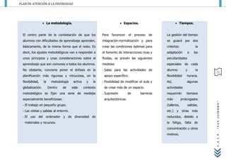 PLAN DE ATENCIÓN A LA DIVERSIDAD




                    La metodología.                                        Espacios.                         Tiempos.


  El centro parte de la constatación de que los              Para   favorecer    el   proceso   de   La gestión del tiempo
  alumnos con dificultades de aprendizaje aprenden,          integración-normalización y para        se guiará por dos
  básicamente, de la misma forma que el resto. Es            crear las condiciones óptimas para      criterios:                 la
  decir, los ajustes metodológicos van a responder a         el fomento de interacciones ricas y     adaptación           a    las
  unos principios y unas consideraciones sobre el            fluidas, se prevén las siguientes       peculiaridades
  aprendizaje que son comunes a todos los alumnos.           medidas:                                especiales de cada
  No obstante, conviene poner el énfasis en la               - Salas para las actividades de         alumno           y         la
                                                                                                                                     11
  planificación más rigurosa y minuciosa, en la               apoyo específico.                      flexibilidad      horaria.
  flexibilidad,    la     metodología    activa     y   la   - Posibilidad de modificar el aula y    Así,              algunas
  globalización.        Dentro   de     este      contexto    de crear más de un espacio.            actividades
  metodológico se fijan una serie de medidas                 - Supresión         de      barreras    requerirán        tiempos
  especialmente beneficiosas:                                 arquitectónicas.                       más           prolongados




                                                                                                                                     “SAN ISIDORO”
  - El trabajo en pequeño grupo.                                                                     (talleres,           salidas,
  - Las visitas y salidas al entorno.                                                                etc.)     y   otras      más
  - El uso del ordenador y de diversidad de                                                          reducidos, debido a
   materiales y recursos.                                                                            la     fatiga,   falta    de
                                                                                                     concentración u otros
                                                                                                     motivos.




                                                                                                                                     C.E.I.P.
 