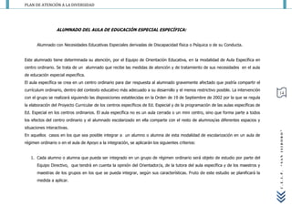 PLAN DE ATENCIÓN A LA DIVERSIDAD




                  ALUMNADO DEL AULA DE EDUCACIÓN ESPECIAL ESPECÍFICA:


       Alumnado con Necesidades Educativas Especiales derivadas de Discapacidad física o Psíquica o de su Conducta.


Este alumnado tiene determinada su atención, por el Equipo de Orientación Educativa, en la modalidad de Aula Específica en
centro ordinario. Se trata de un alumnado que recibe las medidas de atención y de tratamiento de sus necesidades en el aula
de educación especial específica.
El aula específica se crea en un centro ordinario para dar respuesta al alumnado gravemente afectado que podría compartir el
currículum ordinario, dentro del contexto educativo más adecuado a su desarrollo y el menos restrictivo posible. La intervención
                                                                                                                                     14
con el grupo se realizará siguiendo las disposiciones establecidas en la Orden de 19 de Septiembre de 2002 por la que se regula
la elaboración del Proyecto Curricular de los centros específicos de Ed. Especial y de la programación de las aulas específicas de
Ed. Especial en los centros ordinarios. El aula específica no es un aula cerrada o un mini centro, sino que forma parte a todos
los efectos del centro ordinario y el alumnado escolarizado en ella comparte con el resto de alumnos/as diferentes espacios y
situaciones interactivas.




                                                                                                                                     “SAN ISIDORO”
En aquellos casos en los que sea posible integrar a un alumno o alumna de esta modalidad de escolarización en un aula de
régimen ordinario o en el aula de Apoyo a la integración, se aplicarán los siguientes criterios:


   1. Cada alumno o alumna que pueda ser integrado en un grupo de régimen ordinario será objeto de estudio por parte del
       Equipo Directivo, que tendrá en cuenta la opinión del Orientador/a, de la tutora del aula específica y de los maestros y
       maestras de los grupos en los que se pueda integrar, según sus características. Fruto de este estudio se planificará la




                                                                                                                                     C.E.I.P.
       medida a aplicar.
 