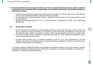 PLAN DE ATENCIÓN A LA DIVERSIDAD



  9. Reuniones periódicas de los equipos educativos: para hacer un seguimiento del alumnado, valorar el grado de
     consecución de los contenidos básicos programados, los problemas encontrados y las posibles soluciones o
     propuestas de mejora.

         El profesor de apoyo/refuerzo registrará los progresos del alumno asignado e informará al/la Tutor/a cuando éste/a lo
          precise y siempre al final del trimestre, antes de la sesión de evaluación.
         Los tutores/as, oído al profesor de apoyo o refuerzo, decidirán si conviene seguir o no con el apoyo/refuerzo al final
          de cada evaluación.
         Reuniones de los equipos docentes, el E.T.C.P y el Equipo directivo ( acompañado por el EOE) para el seguimiento
          del alumnado.


  10.      Información a la familia:
                                                                                                                                      20
         Durante todo el proceso las familias son parte integrante del mismo y deben estar informadas en todo momento. Para
          ello, se realizará una reunión informativa con las familias de los/as alumnos/as que participen en este plan para
          informarles del mismo, objetivos, los pasos que conlleva y pedir su propia implicación en el proceso. En esta reunión
          se le informa también de que necesitamos su autorización para cada una de las medidas de compensación que se
          tomen a lo largo del curso con su hijo/a.

         Se harán tantas reuniones como se consideren necesarias, ya sea por curso, nivel, agrupamientos o de forma
          individual, sobre todo con las familias de los/as alumnos/as de refuerzo y adaptación curricular, por parte del Tutor/a,




                                                                                                                                      “SAN ISIDORO”
          profesor/a, equipo directivo y/u orientador/a.


     * Los tutores y tutoras, la jefatura de estudios, el responsable de la orientación educativa, así como los maestros y maestras
     responsables del desarrollo de estos programas, seleccionarán, de acuerdo con los criterios establecidos, el alumnado que
     participará en el Programa de Refuerzo del centro.




                                                                                                                                      C.E.I.P.
 