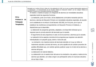 PLAN DE ATENCIÓN A LA DIVERSIDAD




                              Recogidas en el artículo 28 de la Orden de 9 de septiembre de 1997, por la que se regulan determinados aspectos de
                              la organización y el funcionamiento de las Escuelas Públicas de Educación Infantil y de los Colegios Públicos de
                              Educación Primaria de la Comunidad Autónoma de Andalucía
                                     El maestro o maestra de apoyo a la integración de alumnos con necesidades educativas
                                     especiales tendrá las siguientes funciones:
          El/La                      - La realización, junto con el tutor, de las adaptaciones curriculares necesarias para los
          Profesor/a     de          alumnos y alumnas de Educación Primaria con necesidades educativas especiales, de acuerdo
          Pedagogía                  con lo establecido en el artículo 16 del Decreto 105/1992, de 9 de junio, por el que se
          Terapéutica,               establecen las enseñanzas correspondientes a la Educación Primaria en Andalucía, y
                                     disposiciones que lo desarrollen.
                                     - La elaboración de programas generales, adaptados o de desarrollo individual que se                          24
                                     requieran para la correcta atención del alumnado que lo necesite.
                                     - El seguimiento de esos programas en cada uno de los alumnos o alumnas que lo necesite.
                                     - La realización de los aspectos concretos de los programas que requieran una atención
                                     individualizada o en pequeño grupo, dentro o fuera del aula.
                                 -      La orientación a los maestros-tutores del alumnado atendido en lo que se refiere al




                                                                                                                                                   “SAN ISIDORO”
                                       tratamiento educativo concreto del mismo, así como aquélla otra de carácter preventivo de
                                       posibles dificultades que, con carácter general, pudieran surgir en el resto de los alumnos y
                                       alumnas del grupo.
                                 -     La elaboración de material didáctico.
                                 -     La colaboración con el maestro-tutor del aula en la orientación a los padres y madres de los




                                                                                                                                                   C.E.I.P.
                                       alumnos que atienden, con vistas a lograr una participación activa en el proceso educativo
                                       de sus hijos e hijas.
 