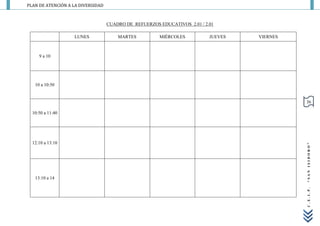 PLAN DE ATENCIÓN A LA DIVERSIDAD



                                   CUADRO DE REFUERZOS EDUCATIVOS 2.01 / 2.01

                   LUNES               MARTES          MIÉRCOLES           JUEVES   VIERNES



     9 a 10




   10 a 10:50


                                                                                              36

  10:50 a 11:40




  12:10 a 13:10




                                                                                              “SAN ISIDORO”
   13:10 a 14




                                                                                              C.E.I.P.
 