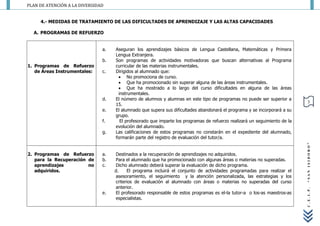 PLAN DE ATENCIÓN A LA DIVERSIDAD


     4.- MEDIDAS DE TRATAMIENTO DE LAS DIFICULTADES DE APRENDIZAJE Y LAS ALTAS CAPACIDADES

  A. PROGRAMAS DE REFUERZO


                               a.   Aseguran los aprendizajes básicos de Lengua Castellana, Matemáticas y Primera
                                    Lengua Extranjera.
                               b.   Son programas de actividades motivadoras que buscan alternativas al Programa
1. Programas de Refuerzo            curricular de las materias instrumentales.
   de Áreas Instrumentales:    c.   Dirigidos al alumnado que:
                                       No promociona de curso.
                                       Que ha promocionado sin superar alguna de las áreas instrumentales.
                                       Que ha mostrado a lo largo del curso dificultades en alguna de las áreas
                                      instrumentales.
                               d.   El número de alumnos y alumnas en este tipo de programas no puede ser superior a
                                                                                                                               3
                                    15.
                               e.   El alumnado que supera sus dificultades abandonará el programa y se incorporará a su
                                    grupo.
                               f.      El profesorado que imparte los programas de refuerzo realizará un seguimiento de la
                                    evolución del alumnado.
                               g.   Las calificaciones de estos programas no constarán en el expediente del alumnado,
                                    formarán parte del registro de evaluación del tutor/a.




                                                                                                                             “SAN ISIDORO”
2. Programas de Refuerzo       a.   Destinados a la recuperación de aprendizajes no adquiridos.
   para la Recuperación de     b.   Para el alumnado que ha promocionado con algunas áreas o materias no superadas.
   aprendizajes         no     c.   Dicho alumnado deberá superar la evaluación de dicho programa.
   adquiridos.                      d.    El programa incluirá el conjunto de actividades programadas para realizar el
                                    asesoramiento, el seguimiento y la atención personalizada, las estrategias y los
                                    criterios de evaluación al alumnado con áreas o materias no superadas del curso
                                    anterior.




                                                                                                                             C.E.I.P.
                               e.   El profesorado responsable de estos programas es el-la tutor-a o los-as maestros-as
                                    especialistas.
 