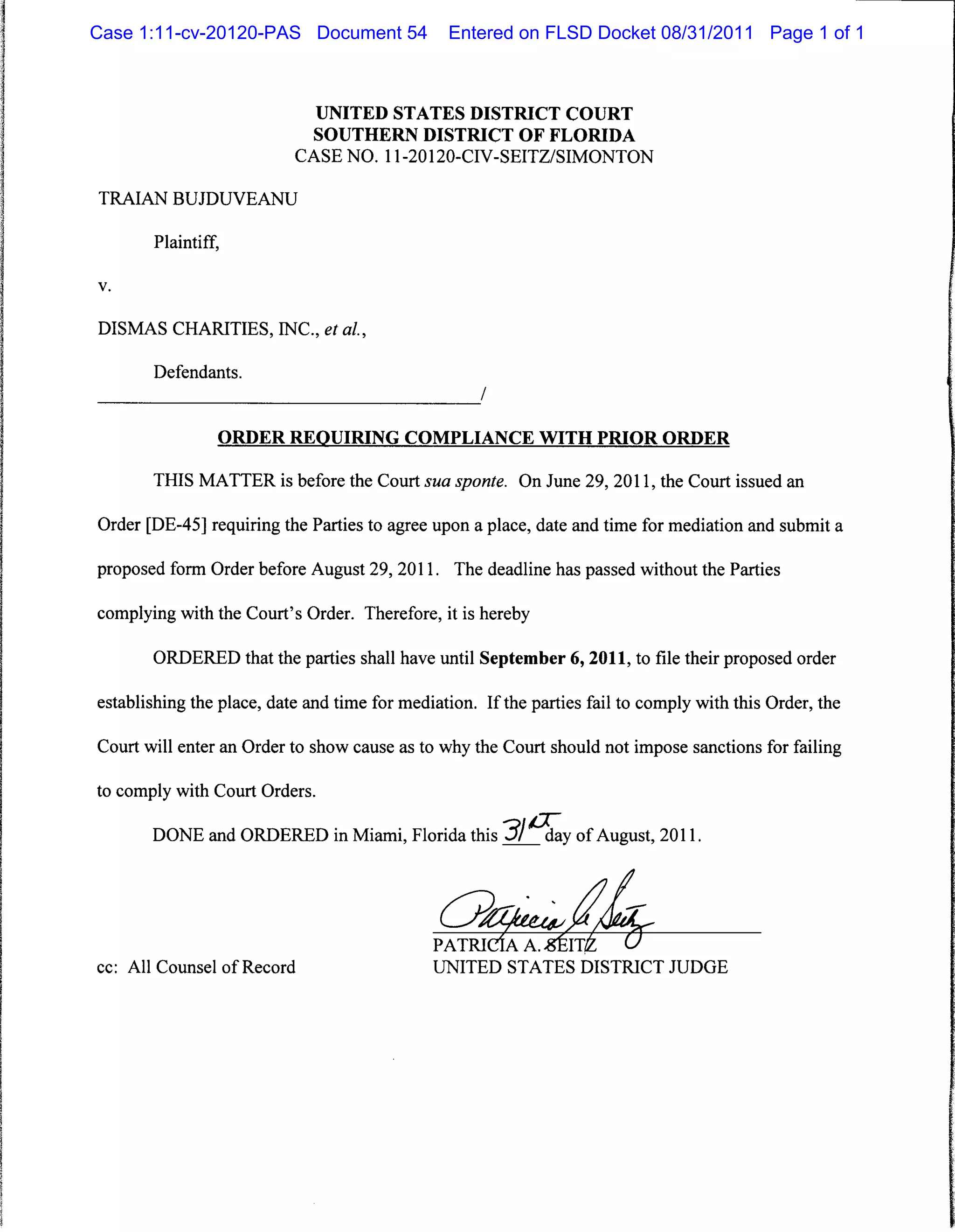 Case 1:11-cv-20120-PAS Document 54 Entered on FLSD Docket 08/31/2011 Page 1 of 1