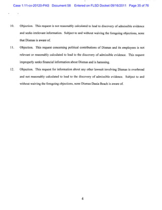 Case 1:11-cv-20120-PAS Document 58   Entered on FLSD Docket 09/16/2011 Page 35 of 76




10.   Ob e ton.TMsr ques i notra ona ycac ae t la t dic r ofad si ee de
        j ci       e ts       e s bl lultd o e d o s ovey     misbl vi nce
      a s e irlva i or to Sub e tt andwihou wai ngt f e ngobeci ,none
       nd e ks ree nt nf main. j c o   t t vi he orgoi j tons
      t tD i m as i a a e of
      ha s        s w r .

      Ob e to Thsr q s c n e nn p l ia c nrb to ofDima a ise l y e i n t
        j cin. i e ue t o c r ig oi c l o ti uins
                                   t               s s nd t mp o e s s o
      r l va orr as bl c l ul t t l d t t dic y ofa s i e e de
       e e nt e ona y a c aed o ea o he s over     dmi sbl vi nce. Thi r que t
                                                                      s e s

      i ope l s ksfnanc a i or ai a
      mpr ry ee i i l nf m ton boutDimasa i ha as i
                                    s    nd s r sng.

      Ob e ton. Thi r ques fri or ton abou a ot rlws ti vi Dima i o r oa
        j ci      s e t o nf mai          t ny he a ui nvol ng s s s vebr d
      a no r ona y cac aed t l d t t dic y ofad si eevi nce Sub e tt a
       nd t eas bl lult o ea o he sover        misbl de . j c o nd
      wihoutwavi t f e ngobeci ,no Dima Da aBe c i a r of
        t     i ng he orgoi j tons ne s s ni a h s wae .




                                          4
 