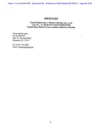 Case 1:11-cv-20120-PAS Document 58    Entered on FLSD Docket 09/16/2011 Page 42 of 76




                                     SERVI LI
                                          CE ST

                      Trai Buj anu v. s Charte ,I ,e aI
                         an duve     Dimas  iis nc. t .
                      C as N o.:II ZOI C I SEI SI O N TO N
                          e . - ZO- V- TZ/ M
                  Unie St t sDit c Cour ,Sout r Dit c ofFl i
                    t d a e srit        t    he n srit     or da


    Tr inBu d v a u
     aa j u e n
    Pr Se Pl i i f
      o      a nt f
    5601W . owa d Bl
             Br r vd.
    Pl nt t o FL 3331
      a a i n,       7

    Te:( 31 38
      l 954) 6- 28
    Emalo i n v@ms .o
       i: ro a    nc m
 